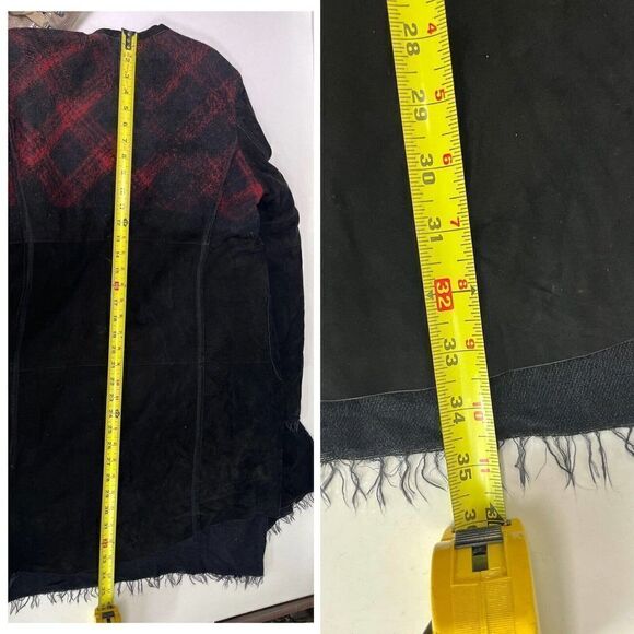 Free People Black Leather Jacket Size Large Suede Buffalo Plaid Grunge Dark Acad - Picture 16 of 16